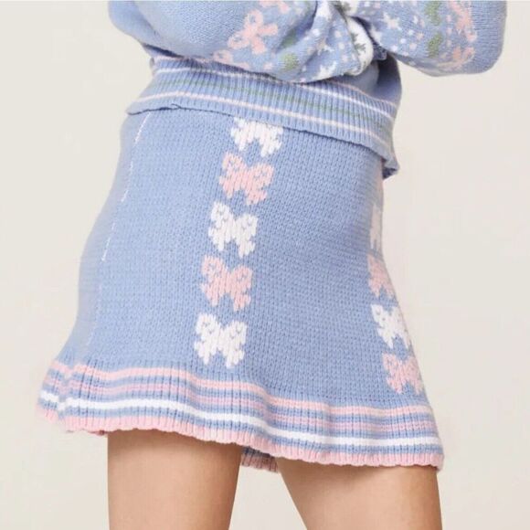 LoveShackFancy Hathaway Bow Skirt Women Small Blue Sweater Knit Mini Pull On - Picture 1 of 13
